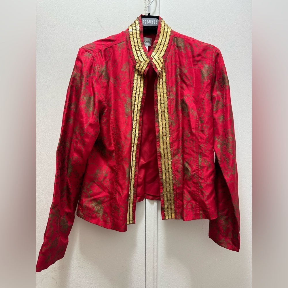 Vintage Y2K Chico’s pure silk Asian red and gold embellished jacket mandarin